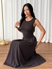 SHEIN PETITE 優雅 A 字修身洋裝，附胸部墊片與收腰設計 - 咖啡棕 - 查看 5