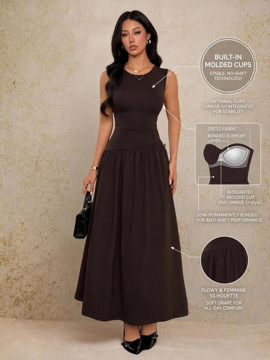 SHEIN PETITE Elegant A-Line Dress With Padded Bust And Waist-Cinching Design - Coffee Brown - View 1