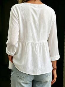 Balvessa Women's Pure Cotton A-Line Button-Front Casual Long Sleeve Blouse - White - View 2