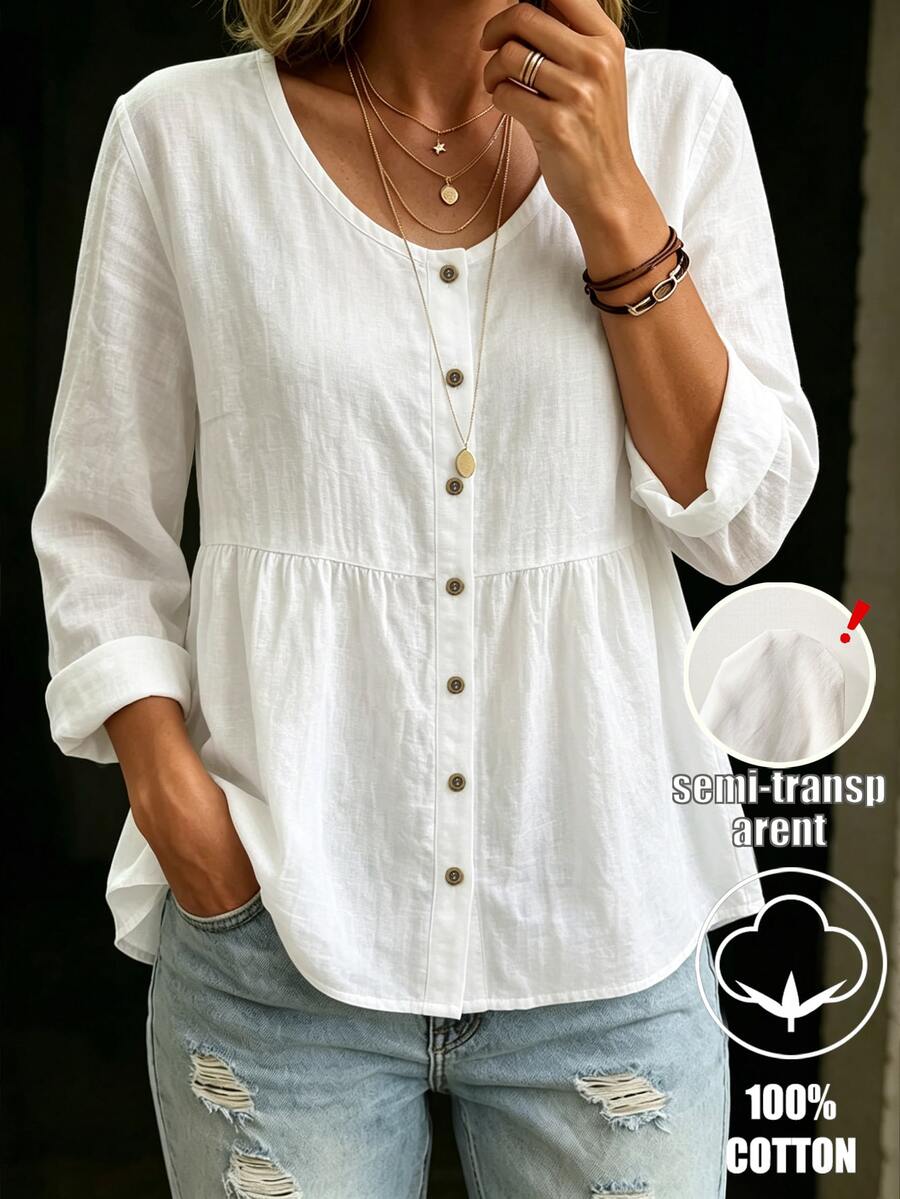 Balvessa Women's Pure Cotton A-Line Button-Front Casual Long Sleeve Blouse - White - View 1