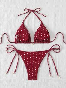 SHEIN Swim Pakaian Renang Musim Panas untuk Wanita di Pantai, Set Baju Renang dengan Motif Acak - Burgundy - View 3