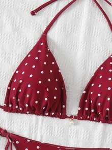 SHEIN Swim Pakaian Renang Musim Panas untuk Wanita di Pantai, Set Baju Renang dengan Motif Acak - Burgundy - View 5