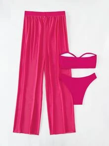 SHEIN Swim Plain Bandeau Bikini Set With Cover Up Pants,Summer Beach - Hot Pink - View 2