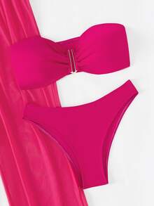 SHEIN Swim Plain Bandeau Bikini Set With Cover Up Pants,Summer Beach - Hot Pink - View 5