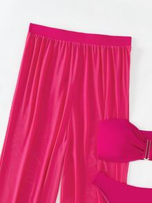 SHEIN Swim Plain Bandeau Bikini Set With Cover Up Pants,Summer Beach - Hot Pink - View 4