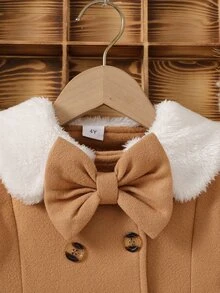 SHEIN Elladie kids 女童翻領蝴蝶結大衣，秋季新款，校園兒童毛絨翻領蝴蝶結洋裝 - 卡其色 - 查看 4