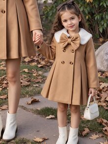 SHEIN Elladie kids 女童翻領蝴蝶結大衣，秋季新款，校園兒童毛絨翻領蝴蝶結洋裝 - 卡其色 - 查看 3