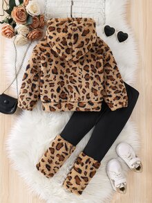 SHEIN Kids Young Girl Leopard Print Hoodie And Autumn Pants Casual Set - Multicolor - View 6