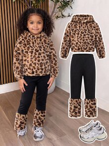SHEIN Kids Young Girl Leopard Print Hoodie And Autumn Pants Casual Set - Multicolor - View 3