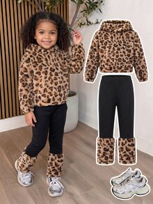 SHEIN Kids Young Girl Leopard Print Hoodie And Autumn Pants Casual Set - Multicolor - View 2