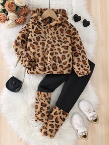 SHEIN Kids Young Girl Leopard Print Hoodie And Autumn Pants Casual Set - Multicolor - View 5