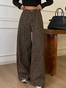 DAZY Women's Autumn/Winter Thermal Lined Leopard Print Jeans - Brown - View 8