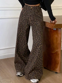 DAZY Women's Autumn/Winter Thermal Lined Leopard Print Jeans - Brown - View 6