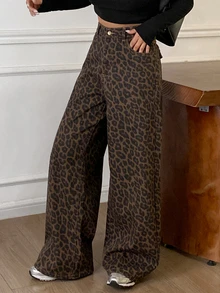 DAZY Women's Autumn/Winter Thermal Lined Leopard Print Jeans - Brown - View 5