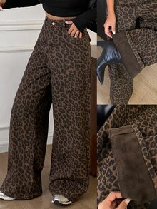 DAZY Women's Autumn/Winter Thermal Lined Leopard Print Jeans - Brown - View 2