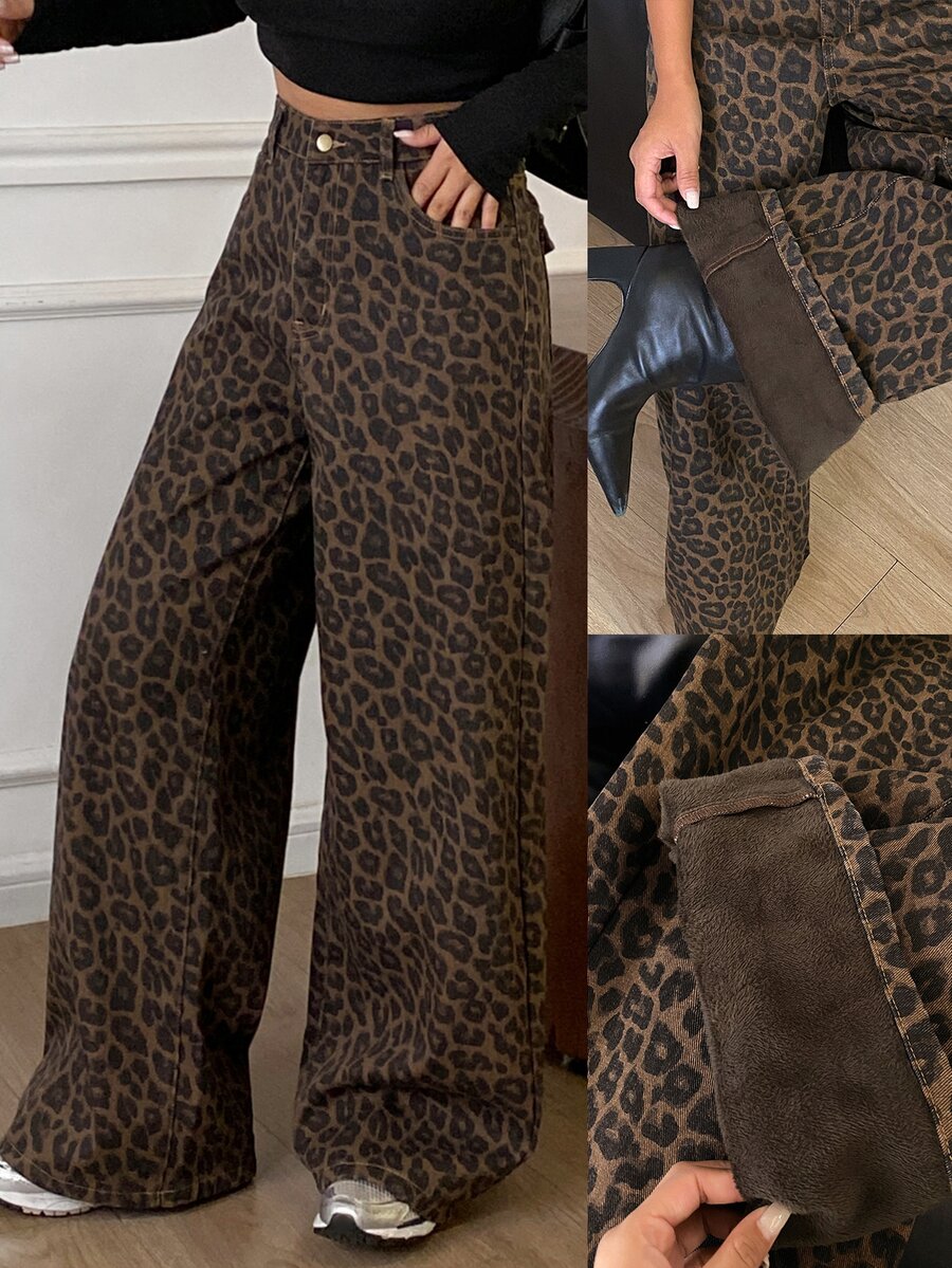 DAZY Celana Jeans Wanita Motif Leopard dengan Lapisan Termal untuk Musim Gugur/Dingin - Coklat - View 1