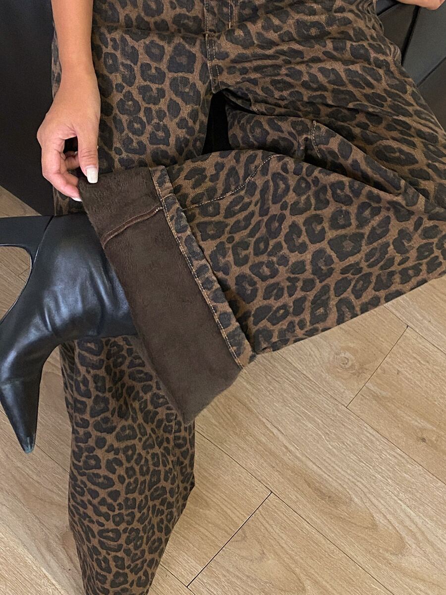 DAZY Women's Autumn/Winter Thermal Lined Leopard Print Jeans - Brown - View 1