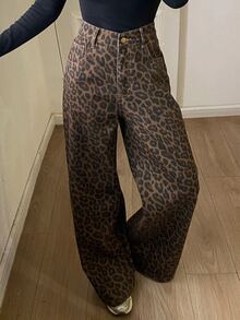 DAZY Women's Autumn/Winter Thermal Lined Leopard Print Jeans - Brown - View 3
