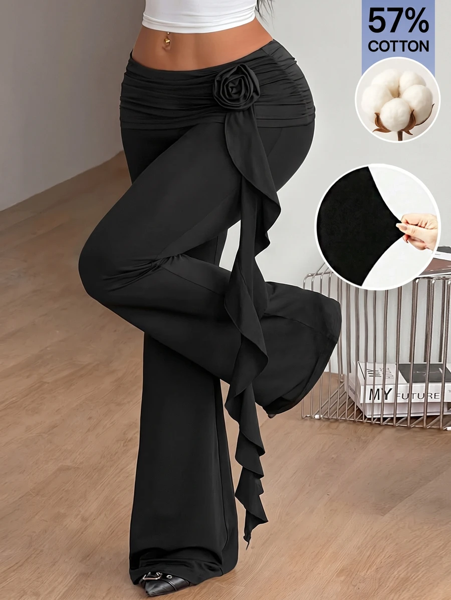 Coolane Pantalones largos acampanados con decoración floral 3D y cinta para mujer - Negro - Ver 1