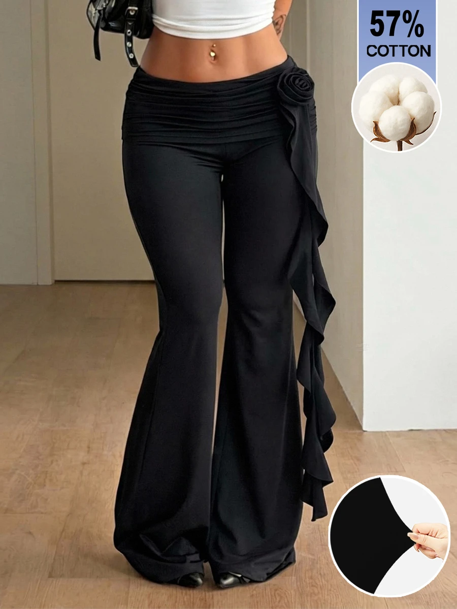 Coolane Women's 3D Floral Decor Ribbon Flared Long Pants - Black - View 1