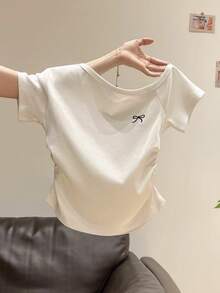 INAWLY Women's New Summer Slant Shoulder Bow Embroidered Ruched Fitted Slim Asymmetrical Neck T-Shirt - White - View 4