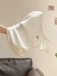 INAWLY Women's New Summer Slant Shoulder Bow Embroidered Ruched Fitted Slim Asymmetrical Neck T-Shirt - White - View 2