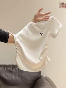 INAWLY Women's New Summer Slant Shoulder Bow Embroidered Ruched Fitted Slim Asymmetrical Neck T-Shirt - White - View 5