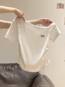 INAWLY Women's New Summer Slant Shoulder Bow Embroidered Ruched Fitted Slim Asymmetrical Neck T-Shirt - White - View 3