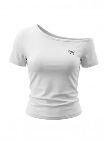 INAWLY Women's New Summer Slant Shoulder Bow Embroidered Ruched Fitted Slim Asymmetrical Neck T-Shirt - White - View 1