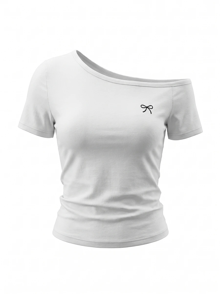 INAWLY Women's New Summer Slant Shoulder Bow Embroidered Ruched Fitted Slim Asymmetrical Neck T-Shirt - White - View 1