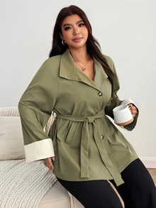 Enliva Manteaux grande taille automne - Militaire verte - Voir 6