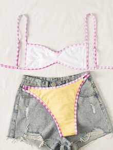 SHEIN Swim 2026新款女士夏季黄色独特面料粉色滚边泳衣，吊带性感比基尼，度假修身休闲可爱两件式泳装 - 黃色 - 查看 2
