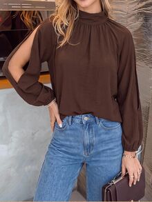 Vivid Eden Blus Chiffon Berkerut Leher Semi-Tinggi Gaya Prancis untuk Wanita, Atasan Longgar Lengan Lentera Bahu Terbelah Lembut Warna Polos - Coklat - View 9