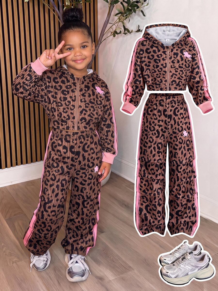 SHEIN Young Girl Knight Pattern Leopard Print Long Sleeve Sweatshirt And Sweatpants Casual Daily Set - Brown - View 1