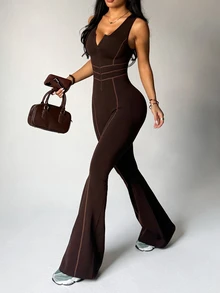 Slayform Slayform 1pc Women's Front Zipper V-Neck Striped Drawstring Waist Backless Sleeveless Gymnastics Dance Yoga Workout Jumpsuit Brown One Piece Set - Coffee Brown - View 5