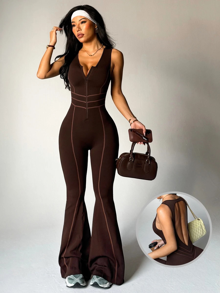 Slayform Slayform 1pc Women's Front Zipper V-Neck Striped Drawstring Waist Backless Sleeveless Gymnastics Dance Yoga Workout Jumpsuit Brown One Piece Set