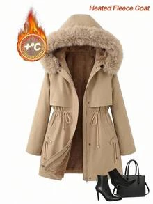 Easowa Curve Plus Size Drawstring Waist Thermal Lined Hooded Jacket - Khaki - View 11