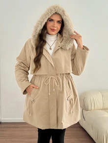 Easowa Curve Plus Size Drawstring Waist Thermal Lined Hooded Jacket - Khaki - View 5