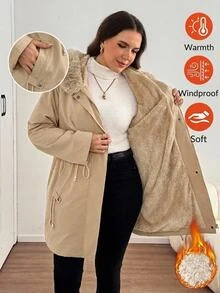 Easowa Curve Plus Size Drawstring Waist Thermal Lined Hooded Jacket - Khaki - View 6