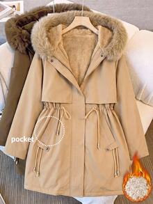 Easowa Curve Plus Size Drawstring Waist Thermal Lined Hooded Jacket - Khaki - View 10