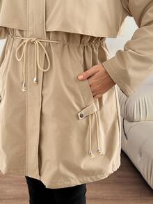 Easowa Curve Plus Size Drawstring Waist Thermal Lined Hooded Jacket - Khaki - View 12
