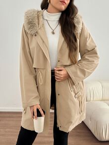 Easowa Curve Plus Size Drawstring Waist Thermal Lined Hooded Jacket - Khaki - View 7