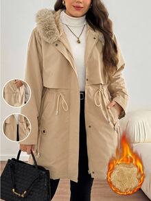 Easowa Curve Plus Size Drawstring Waist Thermal Lined Hooded Jacket - Khaki - View 9