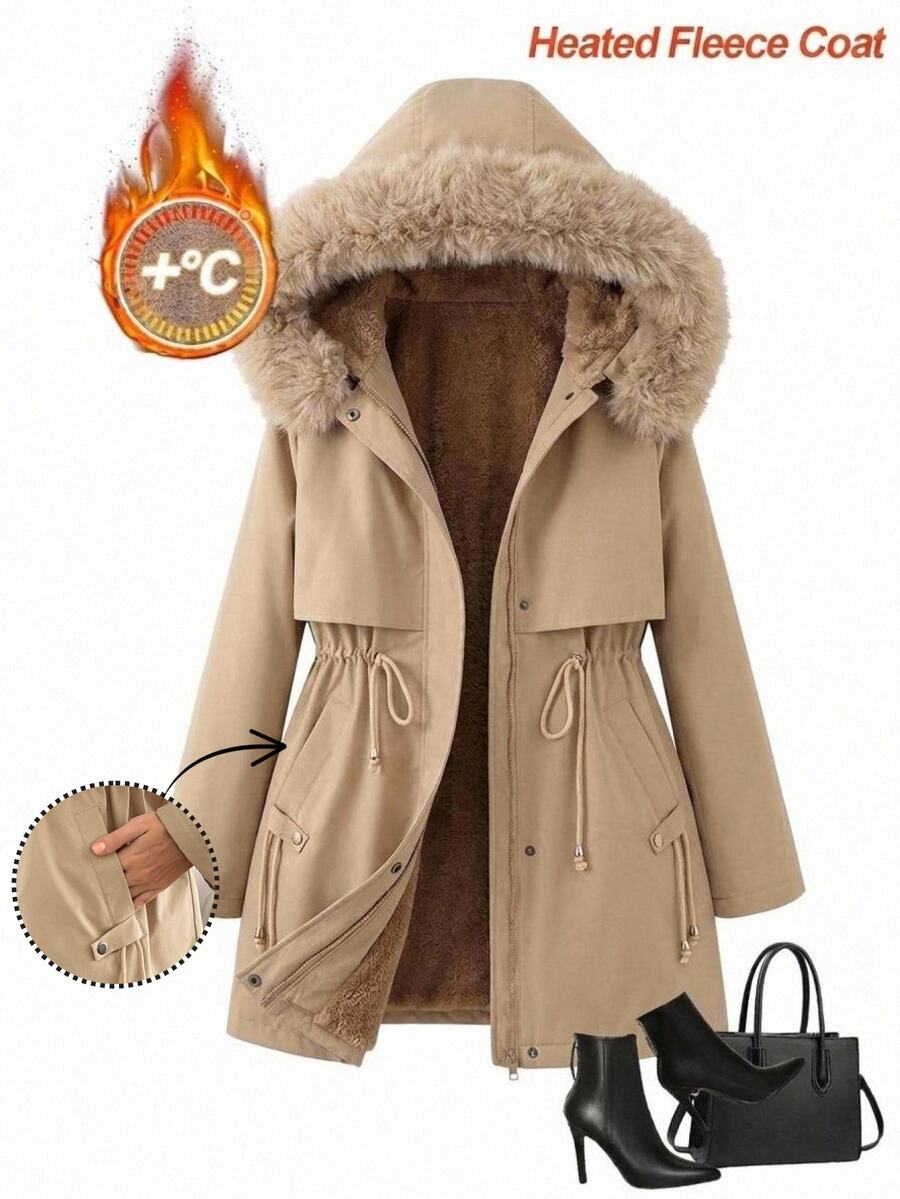 Easowa Curve Plus Size Drawstring Waist Thermal Lined Hooded Jacket - Khaki - View 1