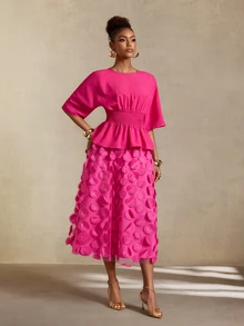 BamGlimmer Women's Rose Red 3D Floral Elegant Party 2 Pieces Set - Hot Pink - View 5