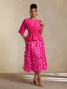 BamGlimmer Women's Rose Red 3D Floral Elegant Party 2 Pieces Set - Hot Pink - View 4