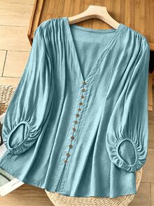 SHEIN LUNE Plus Size Women's Casual Vacation Style Solid V-Neck Lantern Sleeve Button Decor Loose Blouse, Spring/Summer Fall - Dusty Blue - View 1