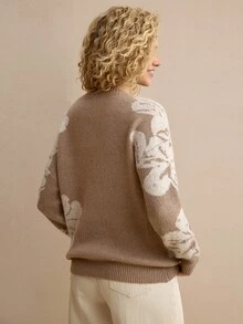 MOTF PREMIUM WOMEN'S SLOUCHY FLORAL PATTERN RHINESTONE DECOR SWEATER - Khaki - View 3