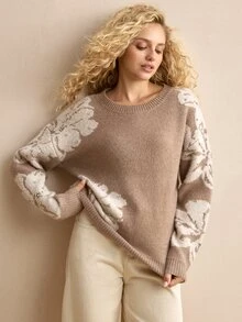 MOTF PREMIUM WOMEN'S SLOUCHY FLORAL PATTERN RHINESTONE DECOR SWEATER - Khaki - View 5