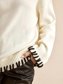 MOTF PREMIUM AUTUMN/WINTER WHITE HANDMADE STRAP HIGH NECK DROP SHOULDER LOOSE SWEATER - White - View 3